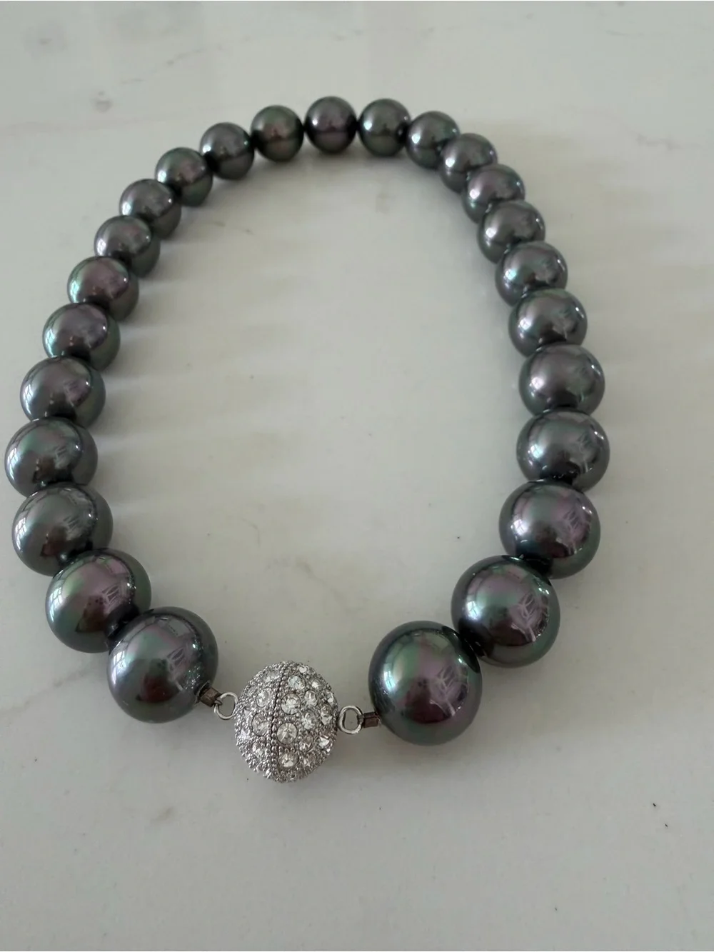 Lustrous Dark Charcoal Pearlescent Bead Necklace with Pavé Crystal Clasp